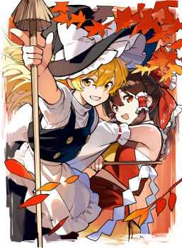 2girls apron asakura_maru ascot autumn_leaves black_hat black_skirt black_vest blonde_hair bow broom brown_hair chest_sarashi commentary_request detached_sleeves frilled_bow frilled_hair_tubes frills gohei grin hair_between_eyes hair_bow hair_tubes hakurei_reimu hat hat_bow highres holding holding_broom holding_gohei kirisame_marisa leaf long_hair looking_at_viewer multiple_girls open_mouth puffy_short_sleeves puffy_sleeves red_bow red_eyes red_skirt ribbon-trimmed_sleeves ribbon_trim sarashi short_sleeves skirt skirt_set smile touhou vest waist_apron white_apron white_bow witch_hat yellow_ascot yellow_eyes