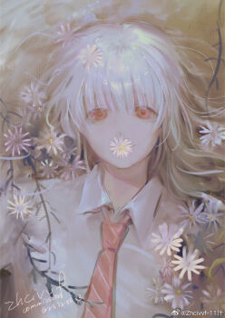 1boy chinese_commentary collared_shirt commentary_request commission dress_shirt fleabane flower flower_over_mouth grin highres male_focus medium_hair necktie orange_eyes partially_submerged red_necktie saihate_eki shirt smile solo tatsunami_shion upper_body white_flower white_hair white_shirt zhcivvf-11