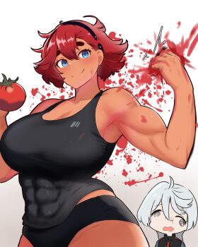 2girls abs ahoge alternate_breast_size alternate_muscle_size amogan armpits asticassia_school_uniform asymmetrical_bangs biceps black_hairband black_panties black_shirt breasts buruma closed_mouth commentary covered_abs crushing dark-skinned_female dark_skin face_of_the_people_who_sank_all_their_money_into_the_fx_(meme) female_focus flexing food grey_hair gundam gundam_aerial_slap_(meme) gundam_suisei_no_majo hairband highleg highleg_panties highres holding holding_food holding_vegetable large_breasts long_hair looking_at_viewer meme miorine_rembran multiple_girls muscular muscular_arms muscular_female panties parody red_hair school_uniform shirt simple_background smile splatter standing suletta_mercury symbol-only_commentary tank_top thick_eyebrows tomato underwear vegetable white_background