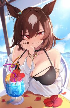 1girl animal_ears beach bikini black_bikini bracelet breasts brown_hair chair choker cleavage cloud commentary_request crazy_straw dress_shirt drink drinking_straw ear_ornament flower hair_between_eyes halterneck head_rest heart_straw hibiscus highres horse_ears horse_girl ice ice_cube jewelry large_breasts leaning_on_table long_hair long_sleeves looking_at_viewer multicolored_hair ocean off-shoulder_shirt off_shoulder pendant_choker red_eyes ring shirt sirius_symboli_(umamusume) sitting sky smile solo sparkle streaked_hair swimsuit table toji_(y2toj2) tsurime umamusume umbrella water white_hair white_shirt