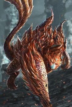 ajarakan bearluxe fangs highres looking_at_viewer monkey monkey_tail monster monster_focus monster_hunter_(series) monster_hunter_wilds no_humans open_mouth orange_eyes orange_scales scales smoke solo sparks tail teeth