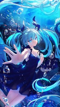 Rule 34 | 1girl, air bubble, black dress, black ribbon, blue eyes, blue hair, breasts, bubble, choppy bangs, cleavage, closed mouth, collarbone, commentary request, cowboy shot, dear arisu, dress, hair between eyes, hair ribbon, hands up, hatsune miku, highres, long hair, looking at viewer, open hand, outstretched arm, reaching, reaching towards viewer, ribbon, shinkai shoujo (vocaloid), short dress, sleeveless, sleeveless dress, small breasts, solo, submerged, twintails, underwater, very long hair, vocaloid, water
