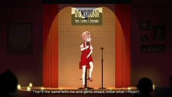 1girl ascot bar_(place) bar_stool blonde_hair brick_wall collared_shirt commentary english_text eyewear_on_head flandre_scarlet highres holding holding_microphone mary_janes microphone one_side_up pointy_ears puffy_short_sleeves puffy_sleeves curtains red_footwear red_skirt red_vest shirt shoes short_hair short_sleeves sign silhouette sitting skirt smile socks stage stool symbol-only_commentary touhou vest white_shirt white_socks wings yellow_ascot yoruny