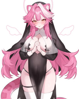 1girl absurdres alternate_costume animal_ears black_coif black_dress blush breast_curtains breastless_clothes breasts center-flap_bangs cleavage commentary cowboy_shot cross cross_pasties double-parted_bangs dress english_commentary guimpe halo highres hololive hololive_english hoshi_usagi large_breasts long_hair long_sleeves looking_at_viewer multicolored_hair nun own_hands_clasped own_hands_together panther_ears panther_girl panther_tail panty_straps pasties pelvic_curtain pink_hair raora_panthera sidelocks simple_background sleeve_cuffs solo streaked_hair tail thigh_strap thighhighs very_long_hair virtual_youtuber white_background white_streaks white_thighhighs yellow_eyes