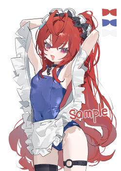 1girl apron arms_up blue_one-piece_swimsuit breasts commentary commission highres long_hair measho one-piece_swimsuit original red_hair sample_watermark simple_background single_thighhigh small_breasts solo swimsuit thighhighs very_long_hair watermark white_background