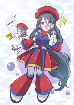 1girl aqua_halo aris_(blue_archive) armor bar_censor black_hair blue_archive blue_eyes censored censored_identity cosplay full_body giorgio_(yo_sumire_sola1) hair_between_eyes halo hat helmet highres iris_(mega_man) iris_(mega_man)_(cosplay) joints long_hair low-tied_long_hair mega_man_(series) mega_man_x_(series) open_mouth red_armor red_hat red_helmet robot_girl robot_joints sigma_(mega_man) smile v very_long_hair