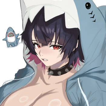>_< 1girl absurdres alternate_breast_size_(larger) animal_costume animal_hood bangboo_(zenless_zone_zero) black_hair blue_hoodie breasts choker colored_inner_hair ellen_joe highres hood hoodie looking_at_viewer mole mole_under_eye multicolored_hair oekakitune open_clothes open_hoodie red_eyes red_hair shark shark_costume shark_girl shark_hood sharkboo_(zenless_zone_zero) sharp_teeth short_hair spiked_choker spikes teeth two-tone_hair zenless_zone_zero