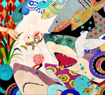 air_bubble animal_focus asa_no_ha_(pattern) bubble cattail commentary_request egasumi feet_out_of_frame great_white_shark hammerhead_shark hare_of_inaba highres nao_furusawa open_mouth plant sharp_teeth tassel teeth white_rabbit_(animal)