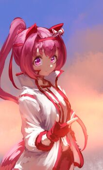 1girl animal_ears bow buruma closed_mouth ear_bow ear_covers fingerless_gloves flower-shaped_pupils flower_in_eye gloves haru_urara_(bestest_prize)_(umamusume) haru_urara_(umamusume) headband highres horse_ears horse_girl horse_tail inishie_kumo jacket long_hair looking_at_viewer pink_buruma pink_eyes pink_hair pink_headband ponytail red_buruma red_gloves red_headband shirt smile solo symbol-shaped_pupils symbol_in_eye tail umamusume white_jacket white_shirt