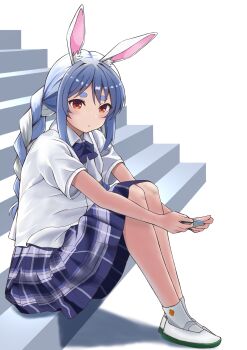 1girl absurdres animal_ears blue_bow blue_bowtie blue_hair blue_skirt bow bowtie braid carrot_print commentary food_print from_side full_body highres hololive multicolored_hair plaid_clothes plaid_skirt rabbit_ears rabbit_girl red_eyes school_uniform shirt sidelocks sitting skirt socks solo stairs suzuushi two-tone_hair usada_pekora virtual_youtuber white_hair white_shirt white_socks