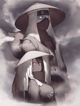 1boy 1girl akatsuki_(naruto) akatsuki_uniform bad_id bad_pixiv_id black_headband blue_eyes closed_mouth facial_mark female_focus file-mei genderswap genderswap_(mtf) glowing glowing_eyes hair_between_eyes han_(naruto) hat headband highres mask mouth_mask naruko_(naruto) naruto:_road_to_ninja naruto_(classic) naruto_(series) naruto_shippuuden red_eyes slit_pupils solo steam torn_clothes whisker_markings