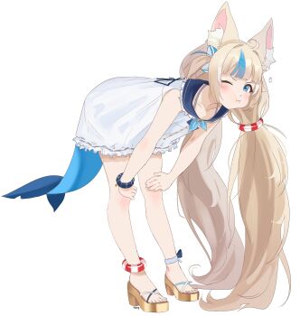 Rule 34 | 1girl, absurdres, ahoge, animal ear fluff, animal ears, bare arms, blonde hair, blue bow, blue eyes, blue hair, blue nails, blue neckerchief, blue streaks, bow, buttons, cat ears, closed mouth, collarbone, commentary, dress, english commentary, fins, fish girl, fish tail, full body, hands on own knees, high heel sandals, high heels, highres, indie virtual youtuber, k nnyco, leaning forward, lifebuoy hair ornament, long hair, looking at viewer, low twintails, multicolored hair, nail polish, neckerchief, one eye closed, one side up, pout, ribbon, sailor collar, sameko saba, sandals, scrunchie, simple background, solo, standing, streaked hair, tail, toenail polish, toenails, twintails, very long hair, virtual youtuber, white background, white dress, wrist scrunchie