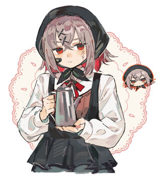 1girl absurdres bandaid bandaid_on_face black_dress chibi chibi_inset chinese_commentary coffee_pot colored_inner_hair commentary_request dopperu_ben dress grey_hair hair_ornament hairclip headscarf highres holding_coffee_pot long_sleeves looking_at_viewer mahou_shoujo_no_majo_saiban multicolored_hair neck_ribbon official_alternate_costume red_eyes red_ribbon ribbon shirt shito_alisa short_hair treasure_cafe white_background white_shirt x_hair_ornament