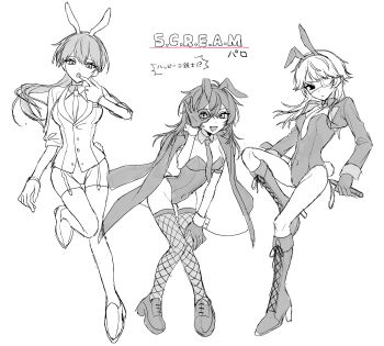 Rule 34 | 3girls, absurdres, amano mashiro, animal ears, between breasts, boots, breasts, commentary request, copyright request, covered navel, eyepatch, fake animal ears, fake tail, finger to mouth, fishnet thighhighs, fishnets, garter straps, genderswap, genderswap (mtf), gloves, griffin stewart, groin, hand on own knees, high heel boots, high heels, highres, holding, holding whip, invisible chair, knees together feet apart, kobayashi luca, lace-up boots, lapels, leg up, leotard, looking at viewer, low ponytail, multiple girls, necktie, necktie between breasts, ok sign, ok sign over eye, oshi no taisetsuna hito ni narikawaru, playboy bunny, ponytail, rabbit tail, ro ma ya su, short necktie, shrug (clothing), sitting, spot color, standing, tail, thighhighs, whip