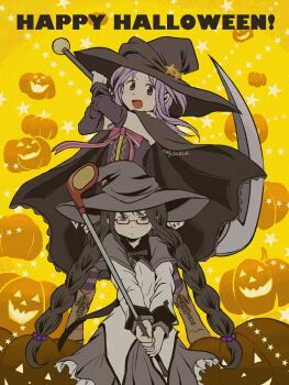 2girls :d akemi_homura akemi_homura_(magical_girl) arm_warmers black_cape black_hair black_headwear black_sleeves braid brown_footwear cape capelet closed_mouth crop_top cross-laced_footwear detached_sleeves frilled_skirt frills frown glasses golf_club grey_capelet grey_skirt halloween hands_up happy_halloween hat hat_ornament highres holding holding_golf_club holding_scythe improvised_weapon jack-o&#039;-lantern legs_apart long_hair long_sleeves looking_at_viewer magia_record:_mahou_shoujo_madoka_magica_gaiden magical_girl mahou_shoujo_madoka_magica misono_karin multiple_girls mysakid open_mouth parted_bangs pink_eyes purple_eyes purple_hair purple_thighhighs red-framed_eyewear scythe semi-rimless_eyewear shirt skirt smile standing star_(symbol) star_hat_ornament striped_clothes striped_thighhighs swinging thighhighs twin_braids very_long_hair white_shirt witch_hat yellow_background