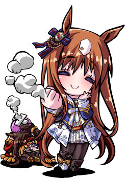 Rule 34 | 2girls, absurdres, animal ears, armband, asymmetrical footwear, black pantyhose, black thighhighs, blue jacket, blush, bow, brown hair, clenched hand, closed eyes, closed mouth, coat, crossed bandaids, dress, ear bow, ear ribbon, el condor pasa (el numero 1) (umamusume), el condor pasa (umamusume), grass wonder (stone-piercing blue) (umamusume), grass wonder (umamusume), head bump, highres, horse ears, horse girl, horse tail, jacket, long hair, long sleeves, mismatched footwear, multicolored hair, multiple girls, pantyhose, ponytail, red armband, red jacket, sailor collar, senomoto hisashi, simple background, skirt, smile, tail, thighhighs, umamusume, white background, white dress, white hair