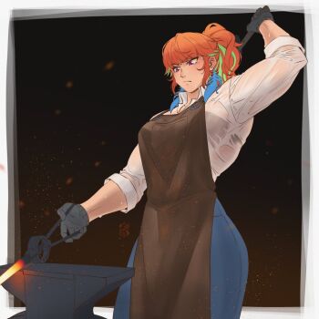 1girl abs alternate_costume alternate_muscle_size anvil apron biceps black_sports_bra blacksmith breasts brown_apron covered_abs earrings feather_earrings feathers forge glowing_hot gradient_hair green_hair hammer holding holding_hammer holding_tongs hololive hololive_english iskaydi jewelry large_breasts long_hair multicolored_hair muscular muscular_female navel obliques orange_hair purple_eyes second-party_source simple_background smithing solo sports_bra sweat takanashi_kiara thick_thighs thighs toned tongs tools virtual_youtuber