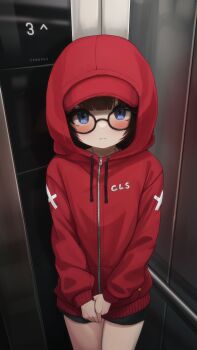 1girl absurdres baseball_cap black-framed_eyewear black_shorts blue_eyes blush brown_hair closed_mouth comodox cowboy_shot drawstring elevator glasses hat hat_under_hood highres hood hood_up hooded_jacket huge_filesize indoors jacket large_variant_set long_sleeves looking_at_viewer original peaked_cap red_hat red_jacket sheryn_(comodox) short_shorts shorts solo standing variant_set