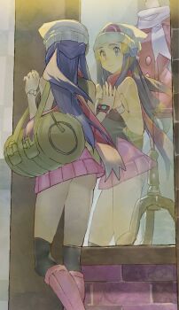 ass blue_hair boots commission commissioner_upload dawn_(pokemon) from_behind glass hat looking_at_object nintendo pokemon pokemon_diamond/pearl/platinum pokemon_platinum reflection scarf shopping skirt sokoo
