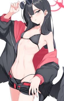 1girl absurdres bare_shoulders bikini black_bikini black_hair black_jacket black_shorts blue_archive blue_eyes blunt_bangs blush breasts collarbone commentary_request eyewear_on_head groin halo highres ichika_(blue_archive) ichika_(swimsuit)_(blue_archive) isocha jacket long_hair looking_at_viewer multicolored_jacket navel one_eye_closed parted_lips red_halo red_jacket shorts small_breasts solo sunglasses swimsuit white_background