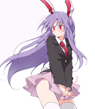 1girl animal_ears black_jacket blazer blush closed_mouth collared_shirt commentary_request embarrassed highres ichimura_kanata jacket long_hair long_sleeves necktie pink_skirt pleated_skirt purple_hair rabbit_ears rabbit_girl red_eyes red_necktie reisen_udongein_inaba shirt skirt skirt_tug solo sweatdrop thighhighs touhou very_long_hair white_shirt white_thighhighs