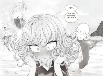 1boy 1girl black_dress blush clenched_hands close-up closed_mouth collared_dress commentary cowboy_shot curly_hair dress embarrassed english_commentary english_text eyelashes foreshortening full-face_blush hair_between_eyes hand_in_pocket hands_in_hair hands_up hetero hug looking_at_another luizhtx medium_hair monochrome one-punch_man open_mouth outdoors remembering saitama_(one-punch_man) scene_reference speech_bubble tatsumaki twitter_username wide-eyed