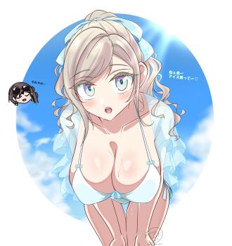 2girls bikini blue_eyes blush breasts ceras_yanagida_lilienfeld ceras_yanagida_lilienfeld_(swimsuit) chibi chibi_inset closed_eyes grey_hair hanging_breasts katsuragi_izumi large_breasts leaning_forward link!_like!_love_live! long_hair love_live! multiple_girls official_alternate_costume open_mouth ponytail poruporuq3 side_ponytail sunglasses sunglasses_on_head swimsuit translation_request white_bikini