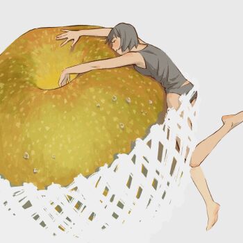 Rule 34 | 1girl, absurdres, bare shoulders, barefoot, black hair, black panties, black tank top, closed eyes, elbow blush, food, fruit, haruxuuu, highres, knee blush, light blush, lying, mini person, minigirl, nashi pear, on stomach, original, panties, pear, short hair, shoulder blush, simple background, smile, solo, tank top, underwear, water drop, white background