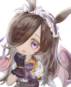 1girl animal_ears bat_wings black_gloves black_hair bow bowtie commentary_request fang frilled_hairband frills gloves hair_over_one_eye hairband halloween_costume hand_up highres horse_ears horse_girl kayaki_(nettai) long_hair looking_at_viewer one_eye_covered open_mouth puffy_short_sleeves puffy_sleeves purple_bow purple_bowtie purple_eyes rice_shower_(umamusume) rice_shower_(vampire_makeover!)_(umamusume) shirt short_sleeves simple_background skin_fang solo umamusume upper_body white_background white_shirt wings