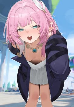 1girl aqua_eyes bent_over black_bow blue_sky blurry blurry_background blush bow breasts coat collarbone cyrene_(aedes_elysiae)_(honkai:_star_rail) cyrene_(honkai:_star_rail) day diamond_in_eye downblouse dress extended_downblouse flasso hair_intakes hair_ornament hand_on_own_head highres honkai:_star_rail honkai_(series) jacket jewelry leaning_forward long_sleeves looking_at_viewer medium_breasts medium_hair navel necklace open_mouth outdoors pink_hair pink_pupils pointy_ears purple_coat purple_jacket sky sleeves_past_fingers sleeves_past_wrists small_breasts smile solo sweat teeth thighs tree upper_teeth_only white_dress