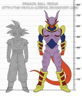 1990s_(style) 2boys alien baby_(dragon_ball) baby_(dragon_ball_gt) dragon_ball dragon_ball_gt dragon_ball_heroes dragonball_z full_body height horns janemba multiple_boys retro_artstyle size_chart son_goku spiked_hair standing tagme tail the-devils-corpse_(artist)