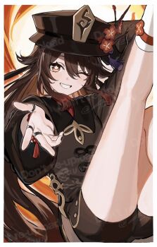 1girl 42u16 bead_bracelet beads black_hat black_nails black_shorts blush border bracelet brown_hair chinese_clothes flower genshin_impact grin hair_between_eyes hat hat_flower hat_ornament highres hu_tao_(genshin_impact) jewelry legs_up long_hair long_sleeves looking_at_viewer nail_polish one_eye_closed red_flower ring short_shorts shorts sidelocks simple_background smile solo star-shaped_pupils star_(symbol) symbol-shaped_pupils tassel teeth thighs thumb_ring twintails very_long_hair white_border