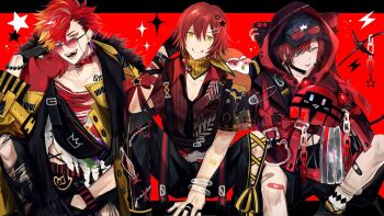 3boys :d ;p alternate_costume animal animal_hood animal_on_shoulder anklet aqua_eyes arm_out_of_sleeve arm_ribbon arm_tattoo badge bandaid bandaid_on_knee bandaid_on_leg bangle barcode barcode_tattoo baseball_cap bead_bracelet beads belt belt_collar bird bird_on_shoulder black_border black_choker black_gloves black_headwear black_necktie black_pants black_scarf black_shorts blonde_hair border bow bracelet button_badge cat_hood chain choker clothing_cutout coat coat_on_shoulders collar collared_shirt color_connection crown_(artist) crown_hair_ornament ear_piercing earrings eyewear_on_head eyewear_strap fanny_pack feet_out_of_frame fringe_trim fur-trimmed_coat fur_trim gloves grin hair_between_eyes hair_ornament hairclip hanasaki_miyabi hat hizaki_gamma holostars holostars_english hood hood_up hooded_jacket hugging_object jacket jewelry letterboxed looking_at_viewer loose_necktie machina_x_flayon male_focus mechanical_tail multicolored_hair multiple_boys multiple_rings necktie non-humanoid_robot one_eye_closed open_collar open_mouth orange_eyes orange_hair outside_border pants penguin piercing purple_hair red-tinted_eyewear red_background red_belt red_bow red_collar red_hair red_jacket red_nails red_ribbon red_shirt ribbon ring robot robot_animal safety_pin scarf see-through_clothes see-through_sleeves shirt short_hair short_sleeves shorts shoulder_tattoo single_glove sitting smile socks sparrow star_(symbol) star_hair_ornament streaked_hair sunglasses suspenders swept_bangs tail tattoo tinted_eyewear tongue tongue_out torn_clothes torn_pants torn_shirt virtual_youtuber white_shirt white_socks yellow_coat yellow_eyes yellow_ribbon yellow_scarf zipper zipper_pull_tab