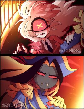 1boy 1girl arm_tattoo artist_name bicorne black_eyes black_gloves black_hair black_nails black_necktie blue_headwear blue_jacket blush cherri_bomb closed_mouth collared_shirt colored_sclera colored_skin colored_teeth curtained_hair cyclops elbow_gloves epaulettes eyeball fangs fingerless_gloves fingernails floating_hair gloves grey_skin half_updo hat hazbin_hotel hellaverse hetero highres holding_another's_arm jacket lifting_person long_fingernails long_hair looking_at_another menattou monster_boy monster_girl multiple_pov necktie one-eyed open_mouth outdoors parted_bangs pink_eyes pink_hair pov railing red_sclera sharp_fingernails sharp_teeth shirt single_sleeve sir_pentious slit_pupils split_screen striped_clothes striped_jacket sweat symbol-shaped_pupils tattoo teeth torn_sleeve twitter_username watermark white_shirt wing_collar x-shaped_pupils yellow_pupils yellow_sclera yellow_teeth