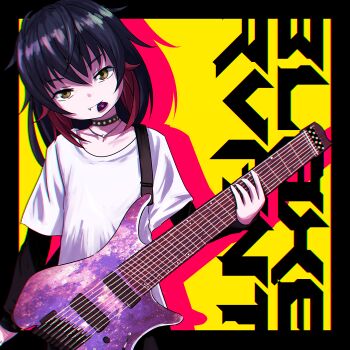 1girl androgynous black_border black_hair blaxervant border character_name commentary cowboy_shot flat_chest guitar highres hitnex holding holding_guitar holding_instrument instrument j-core kobaryo looking_at_viewer multicolored_hair official_art punk red_hair shirt short_hair simple_background solo streaked_hair white_shirt yellow_background yellow_eyes