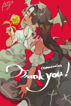 1girl breasts brown_hair brown_wings cleavage closed_eyes closed_mouth clothing_cutout commentary_request commission demon_girl fingernails full_body golden_rose grey_skirt head_wings highres long_hair medium_breasts original puffy_short_sleeves puffy_sleeves red_background red_nails red_sash sash shinjitsu_no_kuchi shirt short_sleeves shoulder_cutout signature sitting skeb_commission skirt smile solo white_shirt wings