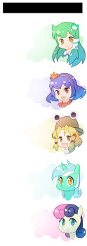 5girls aqua_eyes aqua_hair blonde_hair bonbon_(my_little_pony) brown_hat chinese_text extra_eyes eyeball frog_hair_ornament green_hair hair_ornament hair_tubes hat highres horns kochiya_sanae long_hair lyra_heartstrings moriya_suwako multicolored_hair multiple_girls my_little_pony my_little_pony:_friendship_is_magic open_mouth pink_hair pony_(animal) portrait purple_hair simple_background single_horn smile snake_hair_ornament touhou two-tone_hair unicorn upper_body white_background white_hair xin_yu_hua_yin yasaka_kanako yellow_eyes