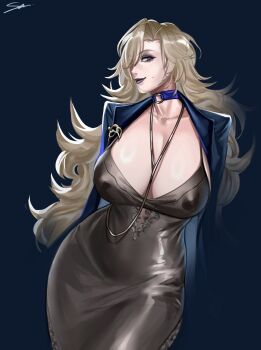 Rule 34 | 1girl, blonde hair, blue choker, blue eyes, breasts, choker, highres, jacket, jewelry, large breasts, long hair, mole, mole above mouth, mole on cheek, o-ring, o-ring choker, path to nowhere, snow weiss (xsnow weissx), solo, vautour bleu (path to nowhere)