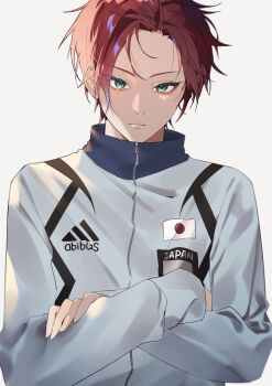 Rule 34 | 1boy, aqua eyes, blue lock, brand name imitation, closed mouth, commentary request, crossed arms, flag print, highres, itoshi sae, jacket, japanese flag, japanese flag print, looking at viewer, male focus, red hair, short hair, simple background, solo, straight-on, track jacket, upper body, white background, xe5m38, zipper, zipper pull tab