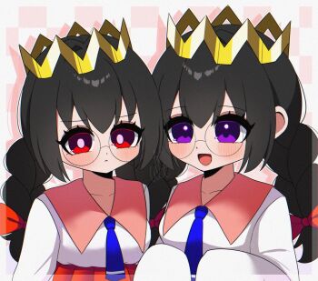 Rule 34 | 1girl, alt 0218, black hair, braid, commentary, crown, dual persona, fairy, fairy wings, glasses, highres, jimiko, kirby (series), kirby 64, long hair, looking at viewer, low twin braids, nintendo, purple eyes, red eyes, ripple star queen, simple background, sleeves past fingers, sleeves past wrists, twin braids, untranslatable commentary, wings
