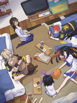 1other 2boys 3girls :d alternate_costume alternate_hairstyle arven_(pokemon) asagi1111 bag_of_chips barefoot bed black_hair black_shirt black_shorts black_socks blanket blue_hair blue_pants brown_hair carmine_(pokemon) carpet casual cellphone chips_(food) closed_eyes closed_mouth colored_inner_hair cup dark-skinned_female dark_skin drawer drink eating flying_sweatdrops food freckles game_console gen_2_pokemon gen_4_pokemon gen_8_pokemon glasses green_hair hair_down highres holding holding_cup holding_phone holding_pokemon indoors kieran_(pokemon) kneeling long_hair long_sleeves lying maschiff mug multicolored_hair multiple_boys multiple_girls nemona_(pokemon) nintendo nintendo_switch no_shoes on_floor on_side open_mouth orange_eyes pants penny_(pokemon) phone pillow pokemon pokemon_(creature) pokemon_sv potato_chips purple_hair red_hair rotom rotom_phone round_eyewear shelf shirt short_hair shorts sitting skwovet smartphone smile socks teeth television tray two-tone_hair umbreon upper_teeth_only very_short_hair white_shirt white_shorts wooden_floor yellow_eyes