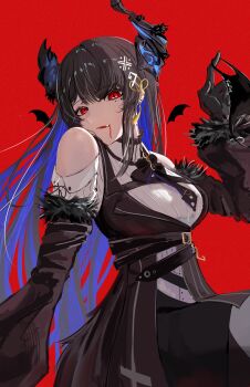 1girl absurdres asymmetrical_horns bare_shoulders black_hair black_horns black_panties black_sleeves blood blood_from_mouth blue_hair breasts commentary detached_sleeves english_commentary highres holding holding_panties holding_underwear holding_unworn_clothes hololive hololive_english horns kyouraku large_breasts multicolored_hair nerissa_ravencroft nerissa_ravencroft_(1st_costume) panties purple_eyes red_background shirt solo two-tone_hair underwear uneven_horns virtual_youtuber white_shirt