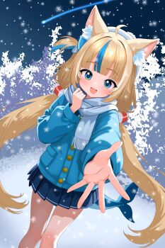 absurdres ahoge alternate_costume animal_ears blonde_hair blue_bow blue_jacket blue_scarf blue_skirt blue_streaks blunt_bangs bow cat_ears commentary english_commentary fins fish_girl fish_tail furfik highres indie_virtual_youtuber jacket long_hair looking_at_viewer one_side_up open_mouth outdoors sameko_saba scarf sidelocks skirt smile snow snowing solo tail very_long_hair virtual_youtuber winter