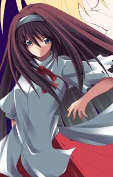 00s 1girl black_hair blue_eyes bow female_focus fuyuwa_kotatsu hairband long_hair long_skirt lowres skirt solo tohno_akiha tsukihime