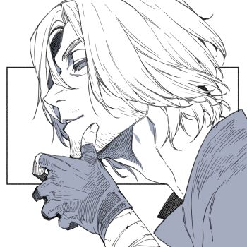 1boy bandaged_wrist bandages beard_stubble black_gloves collared_shirt dante_(devil_may_cry) devil_may_cry_(series) devil_may_cry_5 facial_hair fingerless_gloves gloves greyscale hair_between_eyes hand_on_own_chin hiryuu_(kugelcruor) male_focus monochrome parted_bangs parted_lips shirt short_hair solo stubble upper_body white_background white_hair