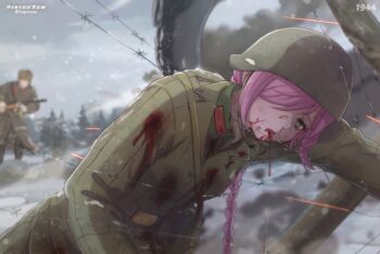 Rule 34 | 1boy, 1girl, absurdres, artist name, barbed wire, battle, belt buckle, blood, blood from mouth, blood on clothes, blood on face, blurry, blurry background, braid, buckle, coat, commentary, death, empty eyes, english commentary, green coat, gun, gunshot wound, hair over one eye, helmet, highres, holding, holding gun, holding weapon, kepincox, military, original, outdoors, pink hair, projectile trail, single braid, snow, solo focus, soviet, war, weapon, winter, world war ii