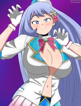 1girl artist_name blue_eyes blue_hair boku_no_hero_academia breasts cleavage closed_mouth discord_username gloves hado_nejire highres large_breasts long_hair looking_at_viewer matching_hair/eyes navel official_alternate_costume open_clothes open_shirt purple_background reddit_username smile sneakyklee very_long_hair white_gloves