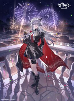 1girl absurdres aiguillette alcohol animal_ears arknights arm_behind_back balcony black_boots black_cape black_gloves black_jacket black_skirt blue_necktie boots breasts building cape cityscape commentary_request confetti copyright_name copyright_notice cup drinking_glass fangs fireworks fold-over_boots full_body gloves gradient_necktie grey_eyes grey_hair grey_tail guest_art hair_between_eyes hand_up high-waist_skirt high_collar highres holding holding_cup jacket knee_boots kneehighs korean_commentary lappland_(arknights) lappland_the_decadenza_(arknights) long_hair long_sleeves looking_at_viewer material_growth medium_breasts multicolored_necktie necktie night night_sky official_art open_clothes open_jacket open_mouth oripathy_lesion_(arknights) outdoors red_cape red_necktie ryat scar scar_across_eye scar_on_face shadow shirt sidelocks single_shoulder_pad skirt sky smile socks solo standing tail teeth thigh_strap two-sided_cape two-sided_fabric two-tone_necktie upper_teeth_only white_shirt wide_sleeves wolf_brooch wolf_ears wolf_girl wolf_tail