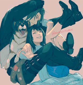 1boy 1girl angelo_(ff8) arm_warmers bare_shoulders belt black_footwear black_hair black_jacket black_pants black_shorts blue_cardigan blue_skirt boots brown_hair cardigan closed_mouth couple cropped_jacket dog feet_up final_fantasy final_fantasy_viii full_body hetero highres jacket long_sleeves medium_hair midriff_peek multicolored_hair multiple_belts noie_(neunteedelstein) pants parted_bangs parted_lips rinoa_heartilly scar scar_on_face scar_on_forehead shirt short_hair shorts skirt sleeveless sleeveless_shirt smile squall_leonhart streaked_hair stuck_in_a_box sweatdrop thigh_strap white_shirt