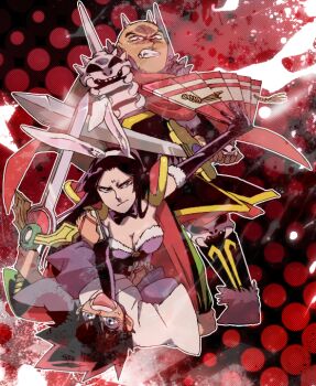 1girl 2boys animal_ears armor bald black_bow black_bowtie black_cape black_gloves black_hair blue_eyes bow bowtie breasts cape closed_mouth commentary_request elbow_gloves facial_mark fake_animal_ears folding_fan forehead_mark gloves hand_fan holding holding_fan holding_sword holding_weapon kaguya_(yaiba) katana kurogane_yaiba leotard long_hair multiple_boys onimaru_takeshi playboy_bunny purple_leotard rabbit_ears satorudb short_hair shoulder_armor sword tongue tongue_out weapon yaiba